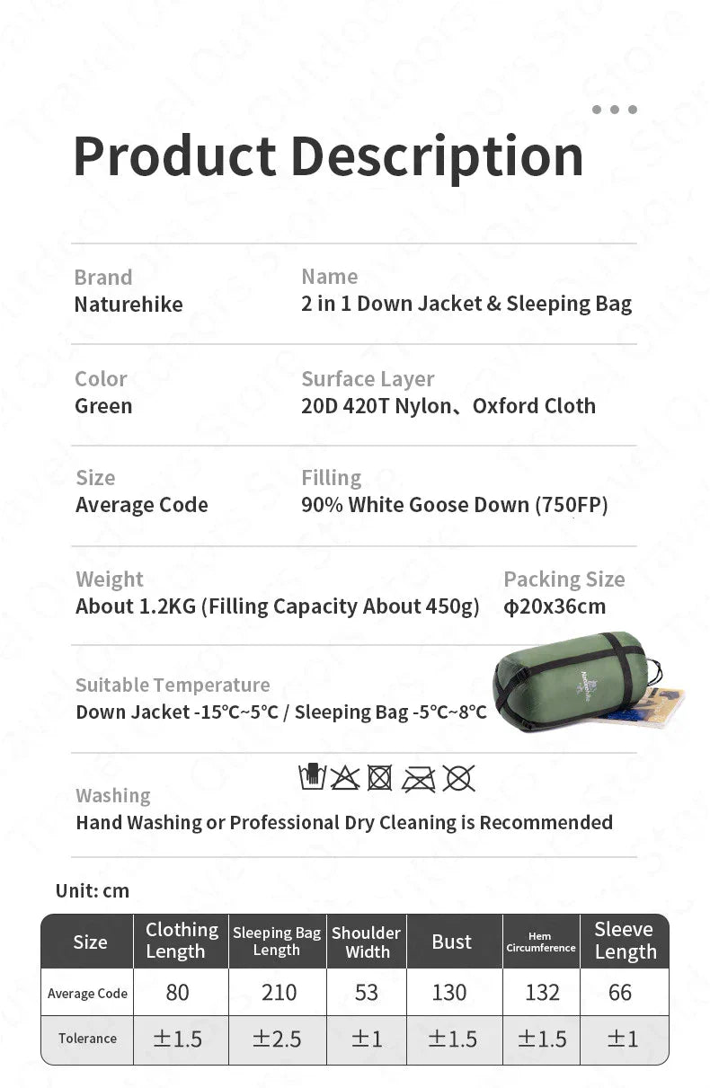Naturehike 2 in 1 Sleeping Bag and Down  Jacket