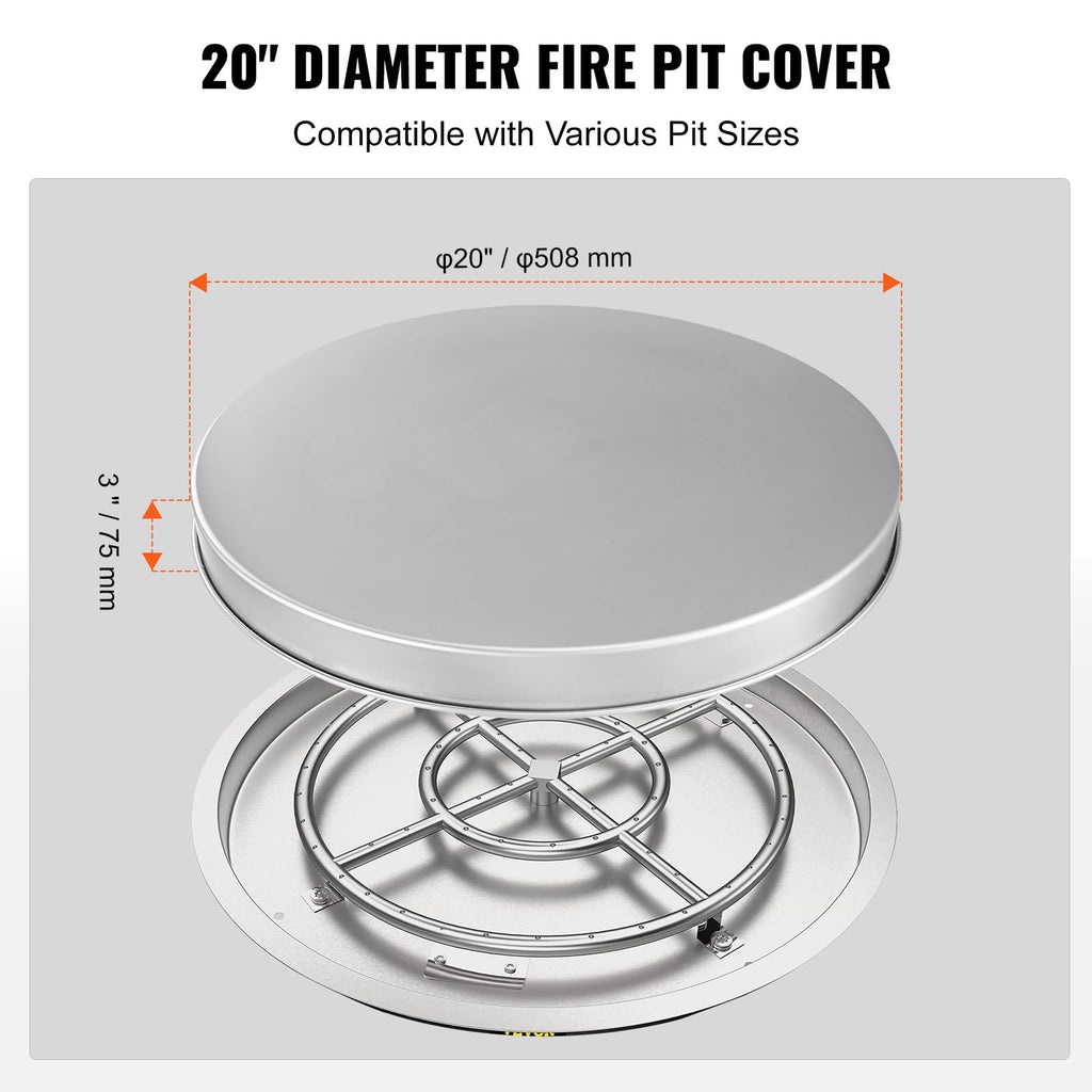 VEVOR Fire Pit Cover Lid, 20 Portable Firepit Spark Screen,Stainless Steel Steel Metal Cover, Easy-Opening Outdoor Wood Burning and Camping Stove
