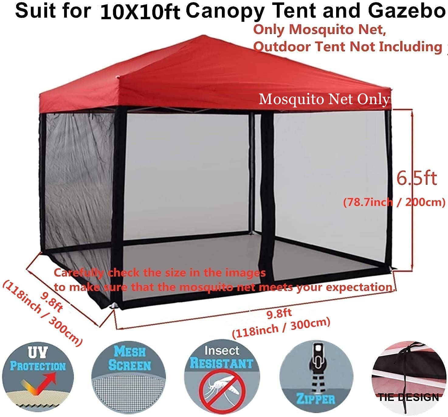 PCAFRS Mosquito Net with Zipper for Outdoor, Camping Mosquito Net, DIY Canopy Screen Wall, Outdoor Mosquito Net for 10x 10' Patio Gazebo and Tent
