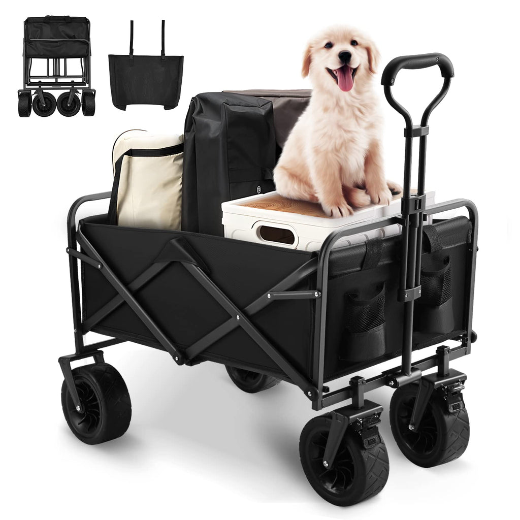 Aunoutism Camping Trolley Collapsible Garden Wagon with Brake Big Wheels Beach Cart Max Capacity 100kg Folding Cart Trolley for Festival Shopping