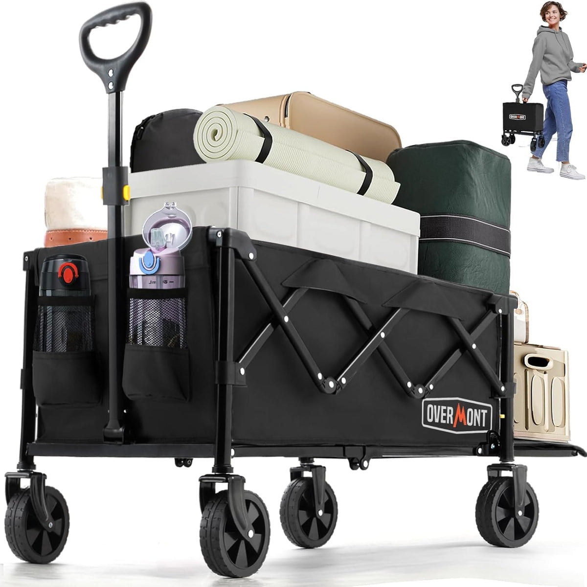 Overmont 120L Festival Camping trolley on Removable wheels - Pull Along Collapsible Wagon Cart with Adjustable Handle - 220LBS/100kg Large Capacity