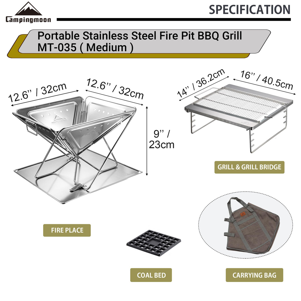 CAMPINGMOON 3-in-1 Portable Stainless Steel Wood Burning Grill and Fire Pit 14x15.35-inch with Carrying Bag MT-035