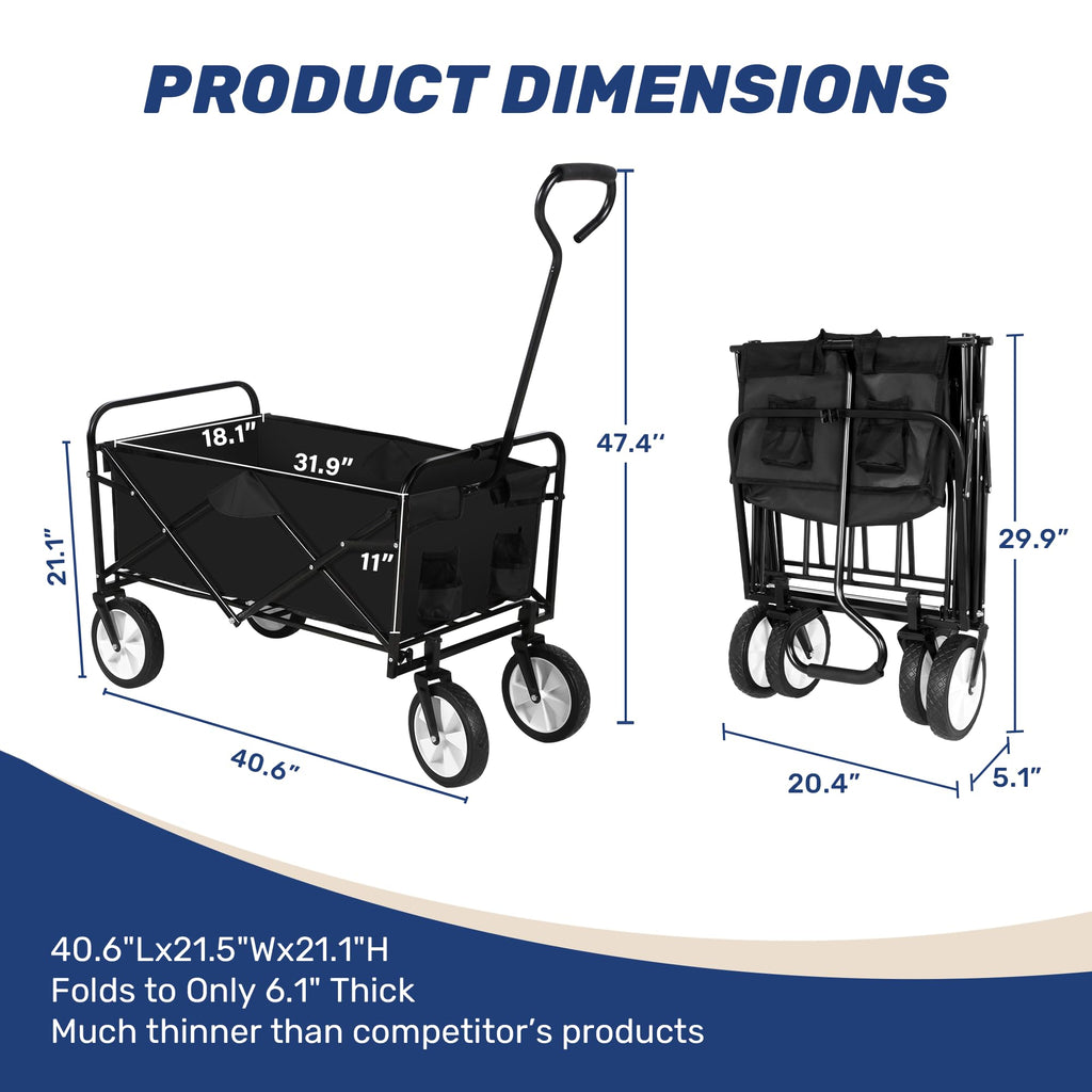 YSSOA Folding Garden Cart PRO, Collapsible Camping Wagon with 360 Degree Swivel Wheels & Adjustable Handle,100kg Weight Capacity,Black