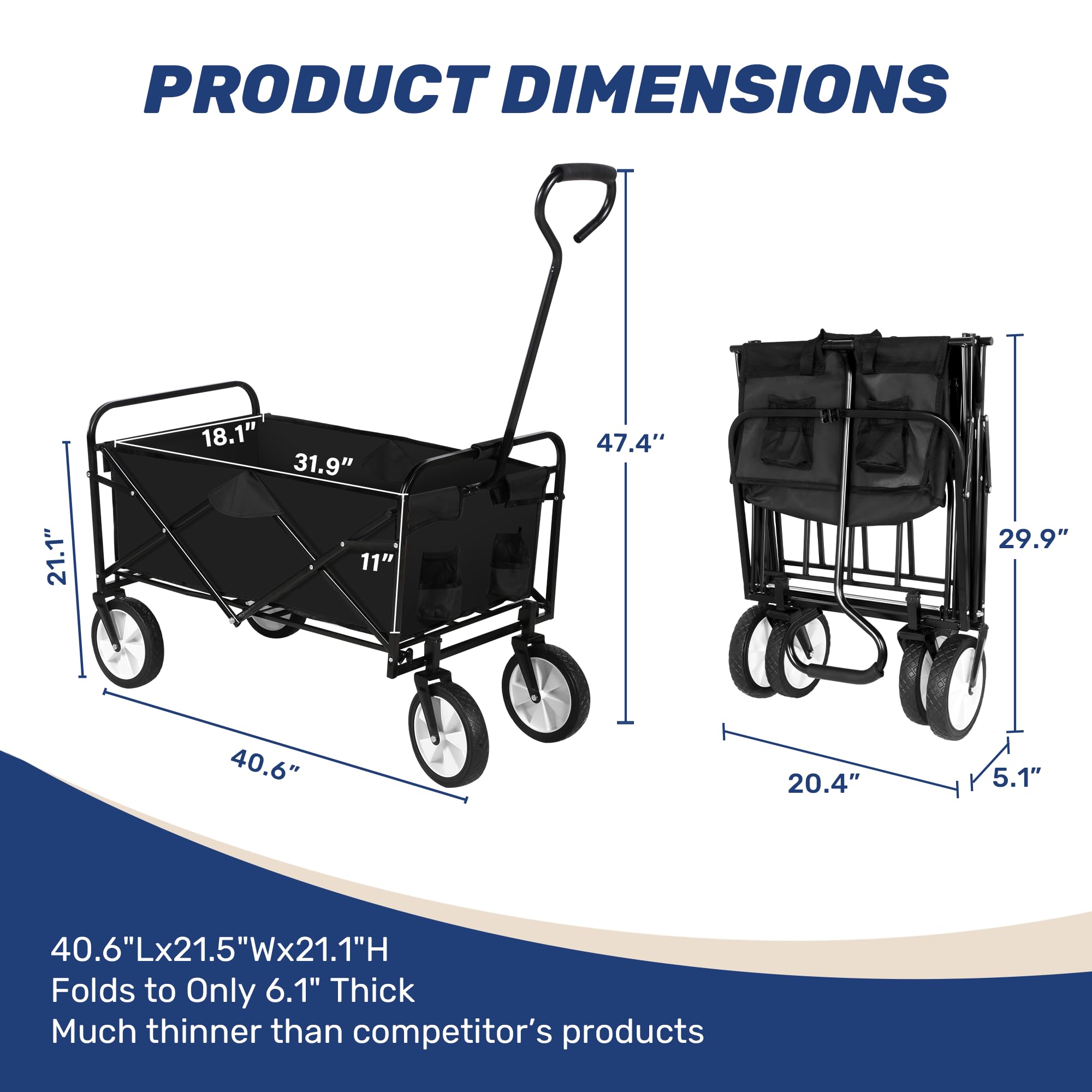 YSSOA Folding Garden Cart PRO, Collapsible Camping Wagon with 360 Degree Swivel Wheels & Adjustable Handle,100kg Weight Capacity,Black