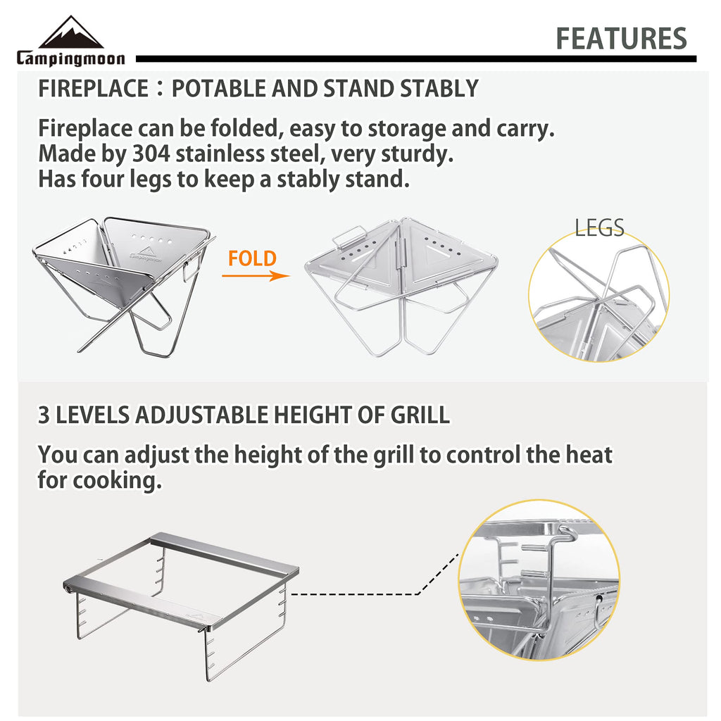 CAMPINGMOON 3-in-1 Portable Stainless Steel Wood Burning Grill and Fire Pit 14x15.35-inch with Carrying Bag MT-035