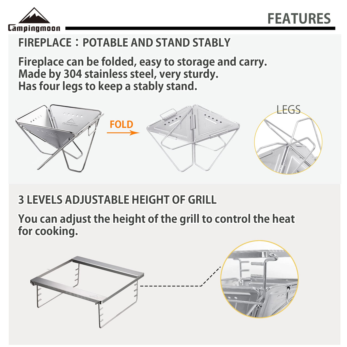 CAMPINGMOON 3-in-1 Portable Stainless Steel Wood Burning Grill and Fire Pit 14x15.35-inch with Carrying Bag MT-035