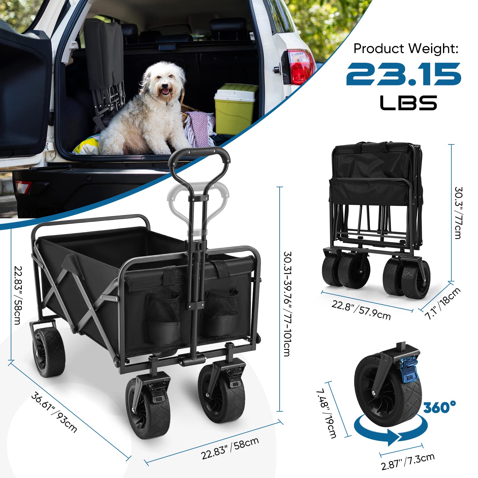 Aunoutism Camping Trolley Collapsible Garden Wagon with Brake Big Wheels Beach Cart Max Capacity 100kg Folding Cart Trolley for Festival Shopping
