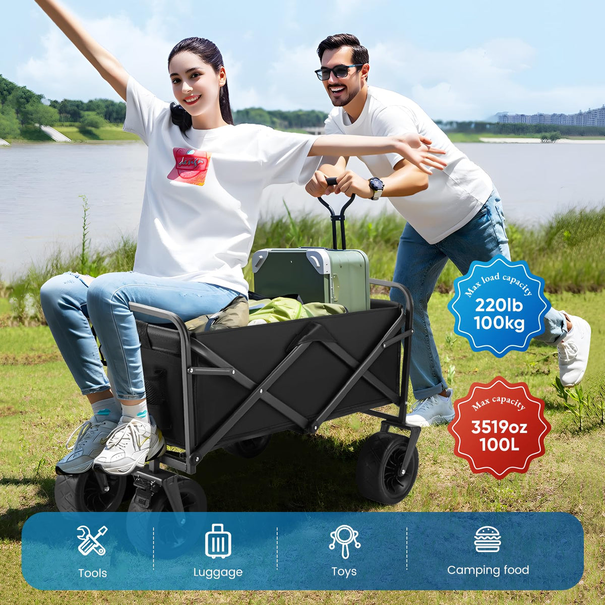 Aunoutism Camping Trolley Collapsible Garden Wagon with Brake Big Wheels Beach Cart Max Capacity 100kg Folding Cart Trolley for Festival Shopping