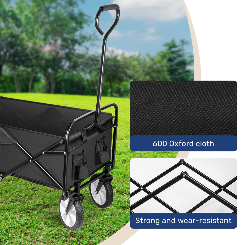 YSSOA Folding Garden Cart PRO, Collapsible Camping Wagon with 360 Degree Swivel Wheels & Adjustable Handle,100kg Weight Capacity,Black