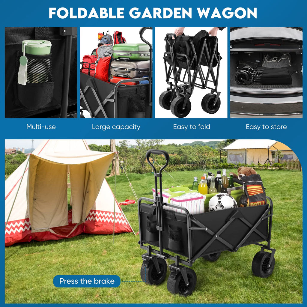 Aunoutism Camping Trolley Collapsible Garden Wagon with Brake Big Wheels Beach Cart Max Capacity 100kg Folding Cart Trolley for Festival Shopping
