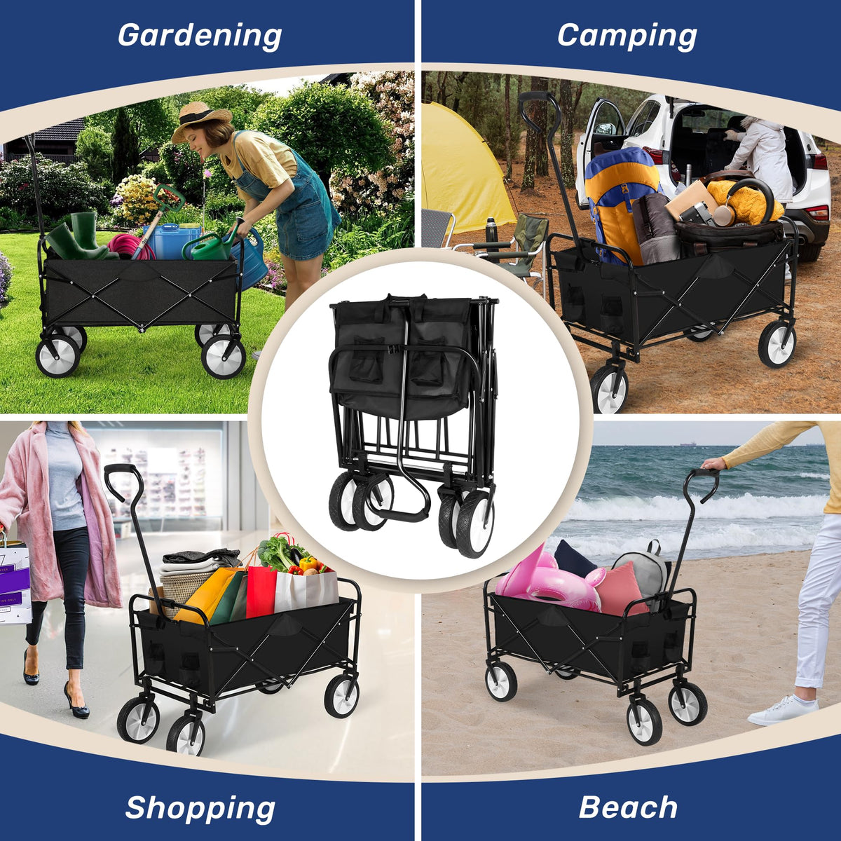 YSSOA Folding Garden Cart PRO, Collapsible Camping Wagon with 360 Degree Swivel Wheels & Adjustable Handle,100kg Weight Capacity,Black