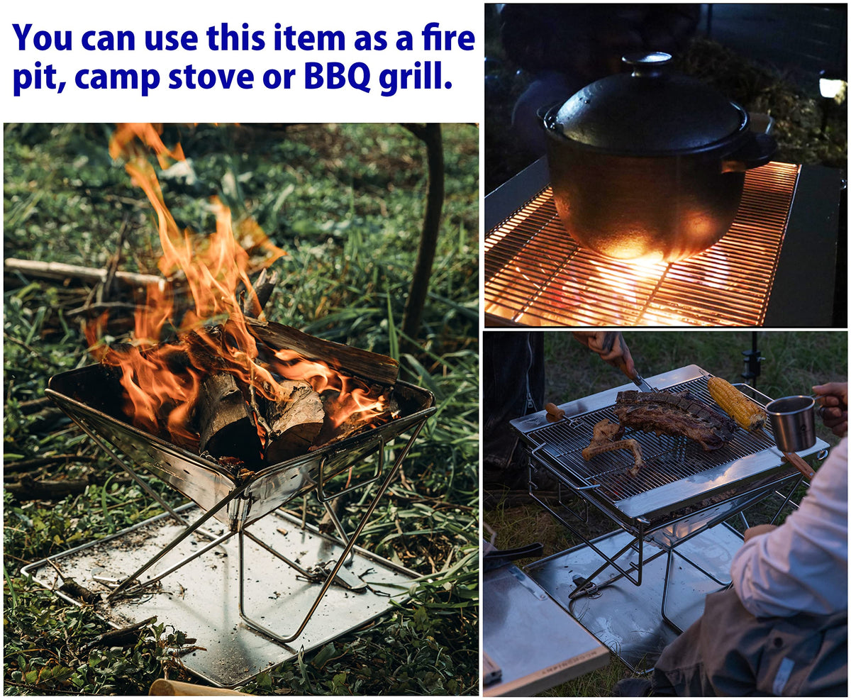 CAMPINGMOON 3-in-1 Portable Stainless Steel Wood Burning Grill and Fire Pit 14x15.35-inch with Carrying Bag MT-035